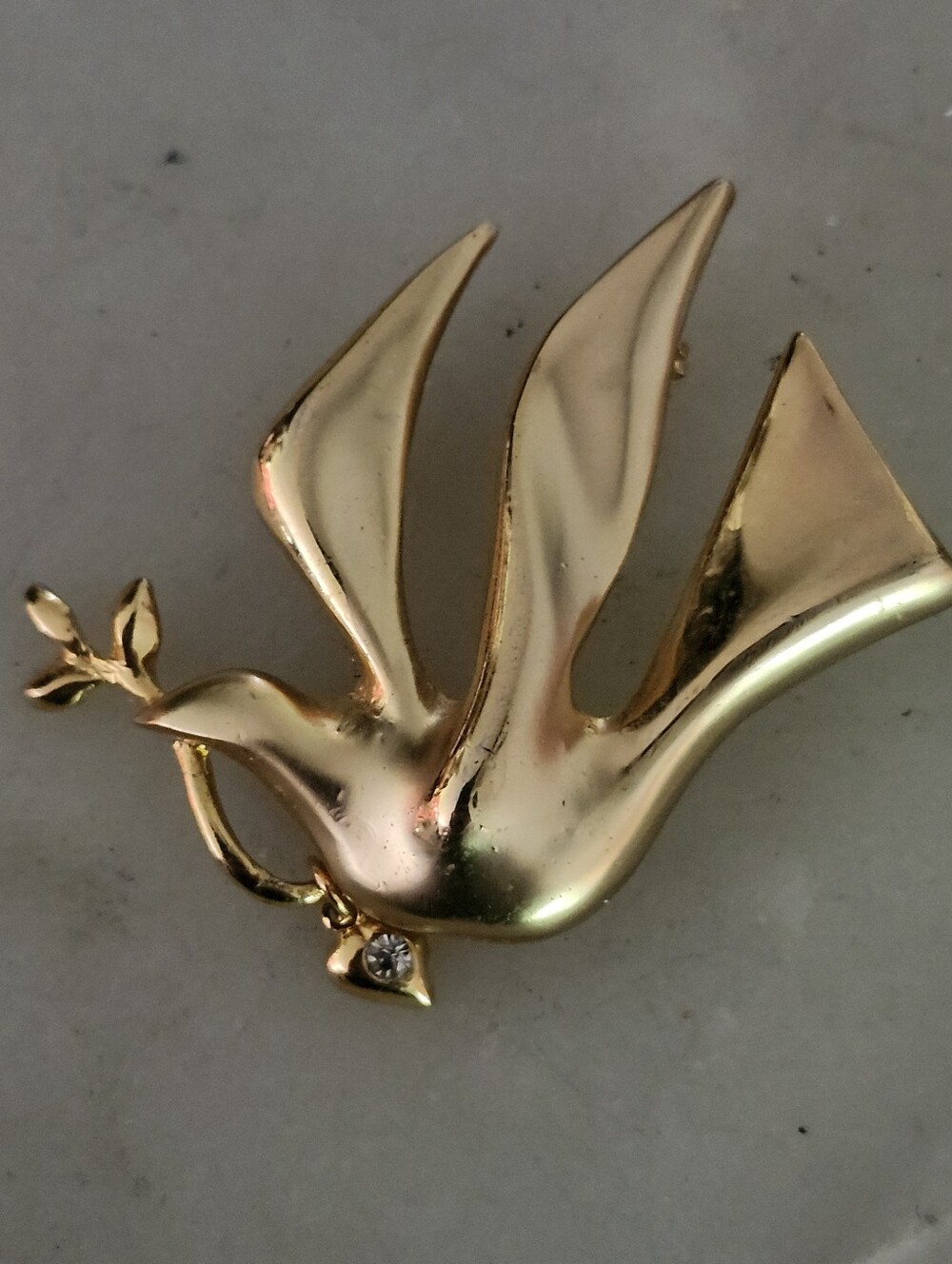 Gold Tone Flying Dove Brooch With Crystal Accent